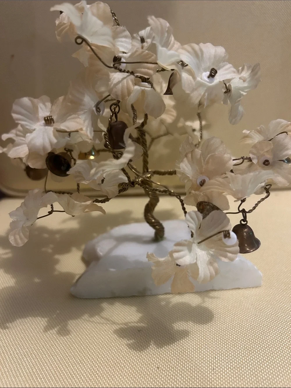 Vintage Decorative Floral Sculpture with Cream Fabric Blooms and gold bells
